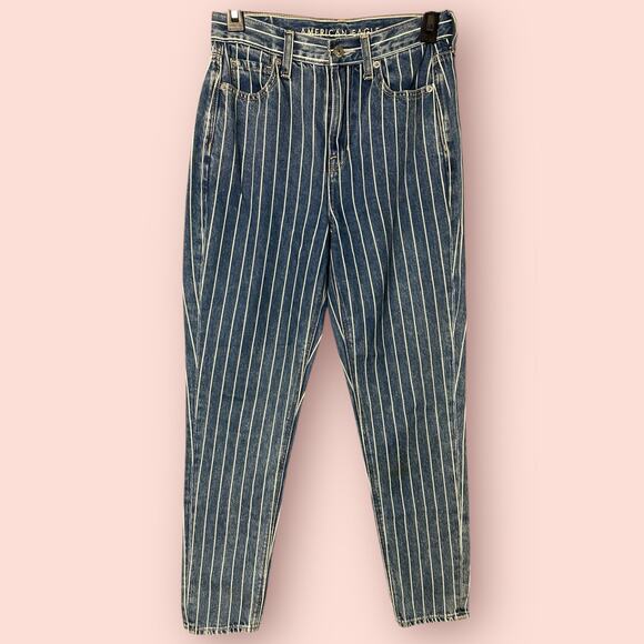 American Eagle MOM JEANS Womens 0 XS Blue White STRIPED Denim HIGH RISE 28x29 - Picture 1 of 6